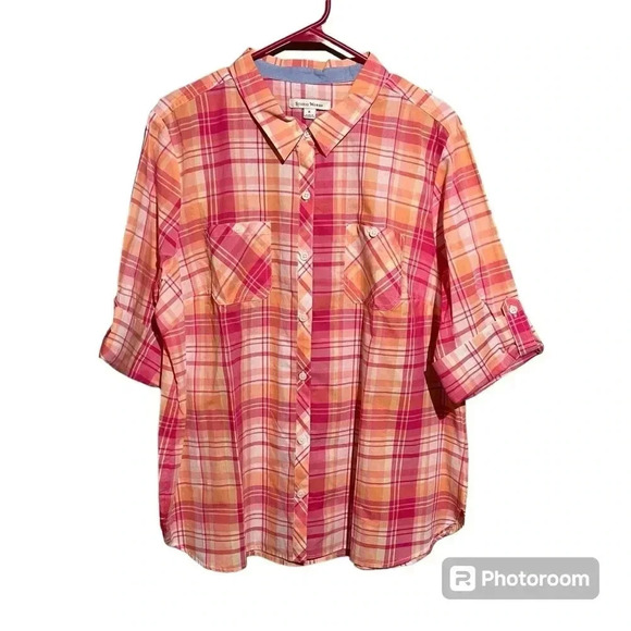 Studio Works NWT Women’s Pink Orange Coral PLAID BUTTON DOWN SHIRT BLOUSE SZ XL - Picture 1 of 9
